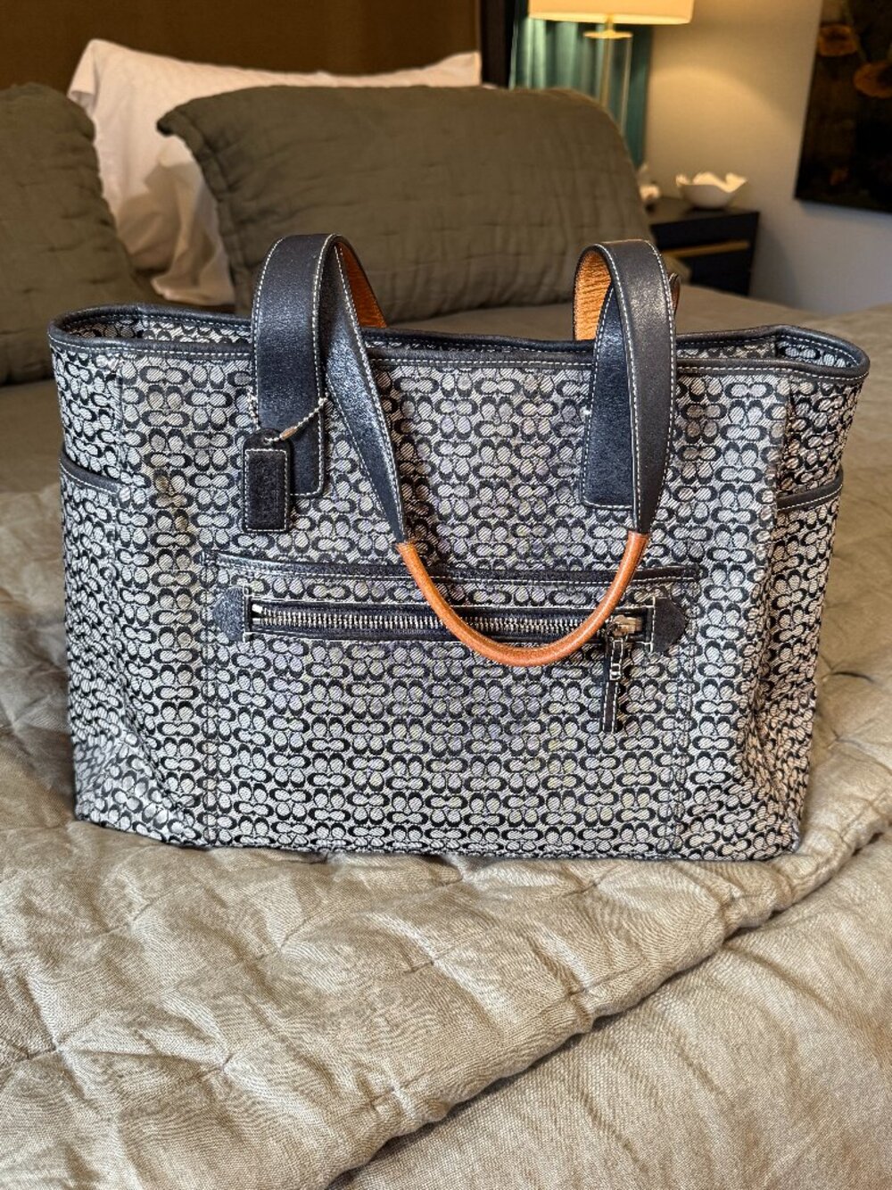 Vintage Coach Signature Tote Bag | Y2K Mini C Jacquard Black & Gray Carryall